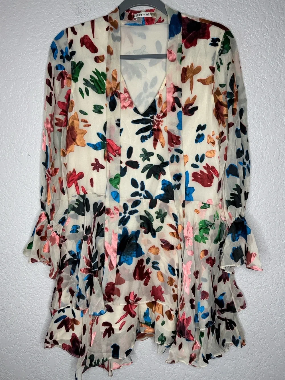 Alice + Olivia Moran Silk Blend Mini Dress Small Rainbow Floral Bell Sleeve